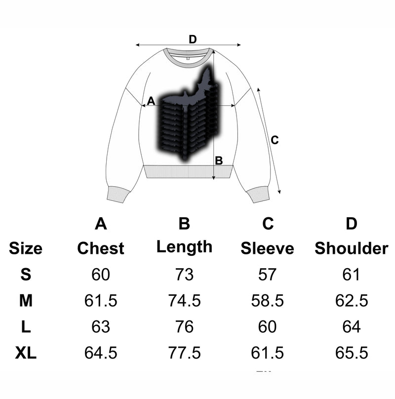 Relic Jumper measurement diagram: A chest, B length, C sleeve, D shoulder