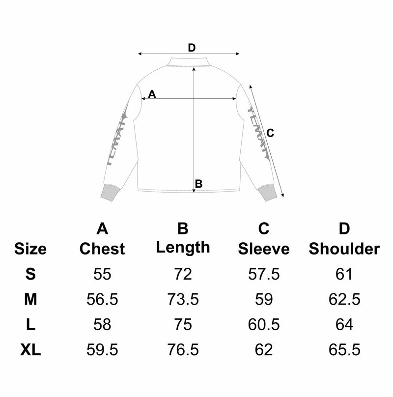 Shadowline Longsleeve measurement diagram: A chest, B length, C sleeve, D shoulder