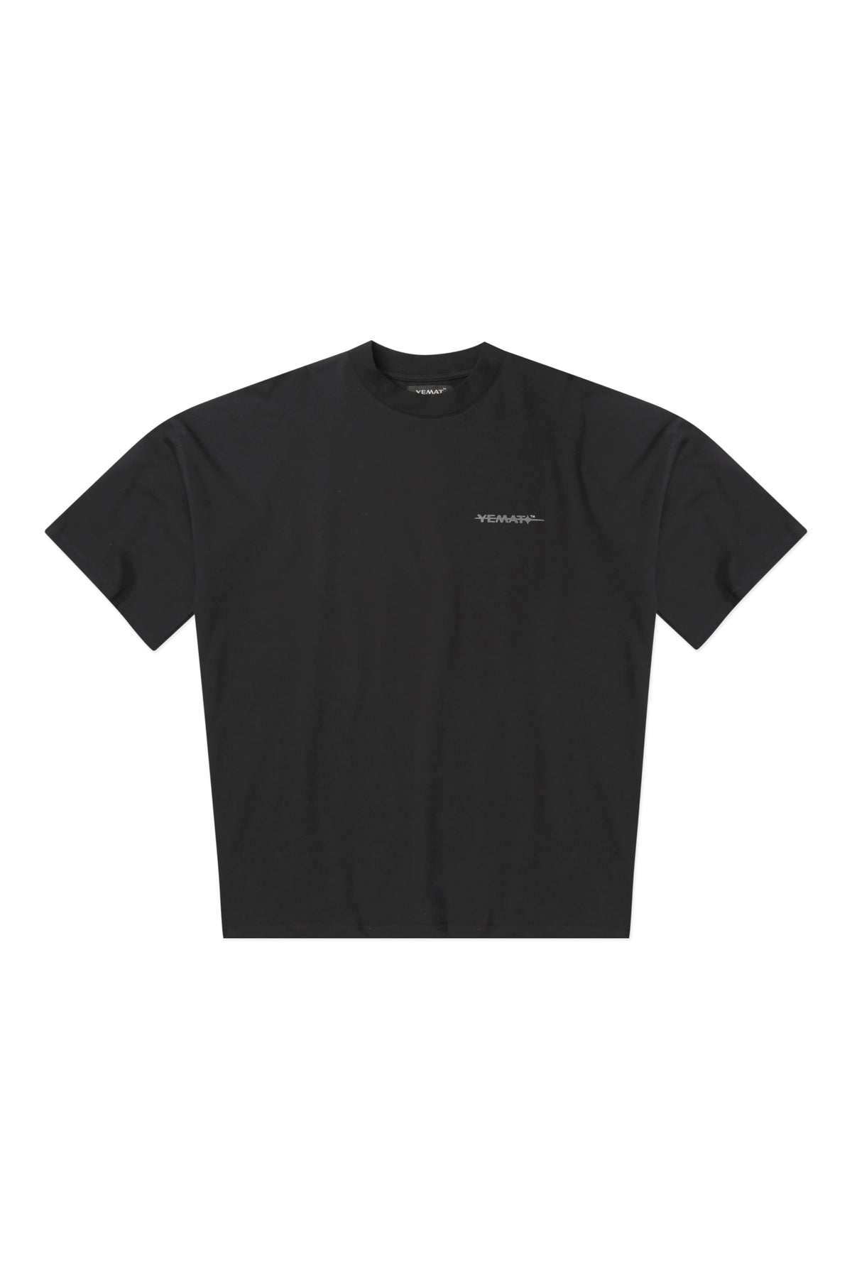 YEMAT Velvet Tee Black flat lay front showing full silhouette and velvet logo, 240 GSM organic cotton
