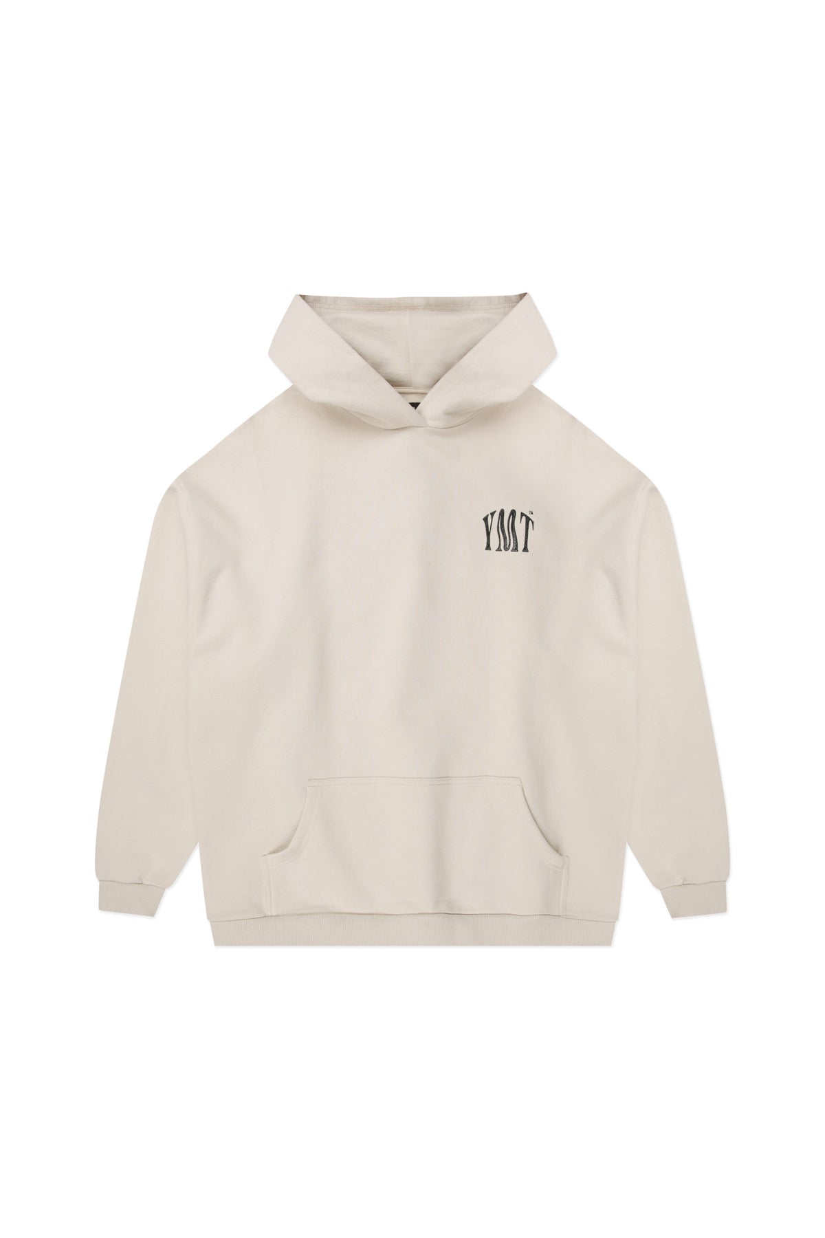 YEMAT Force Hoodie Beige flat lay front showing the full silhouette and YMT chest print, 450 GSM brushed organic cotton fleece