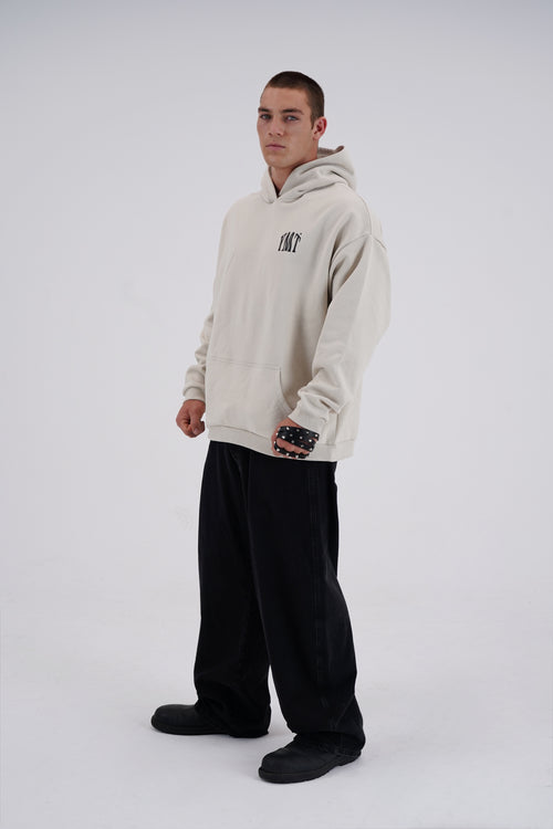 YEMAT Force Hoodie Beige on Max — three-quarter view