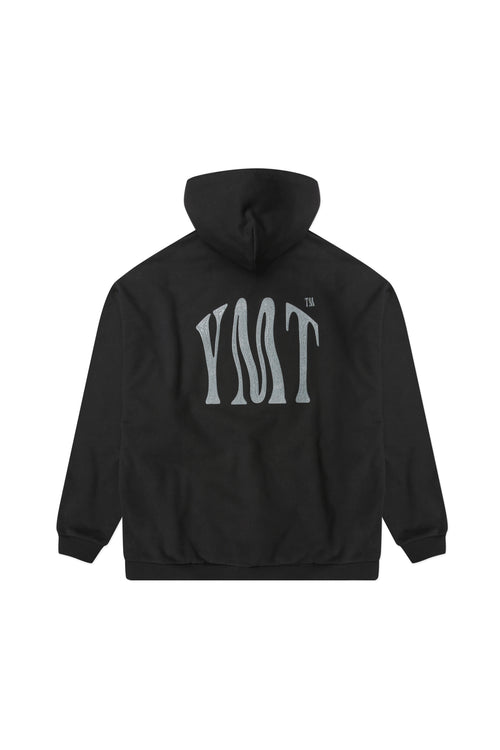 Yemat Force Hoodie Black flat lay back showing large YMT suction print, heavyweight 450 GSM organic cotton