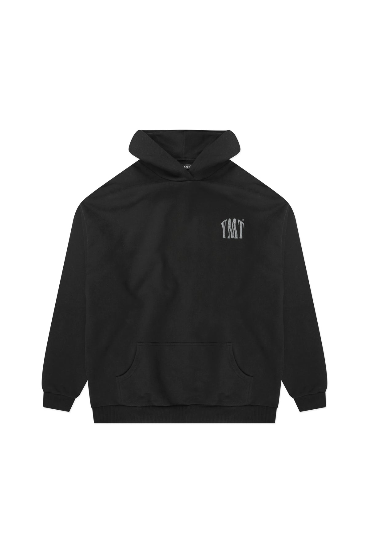 Yemat Force Hoodie Black flat lay front showing full silhouette and YMT chest print, 450 GSM fleece