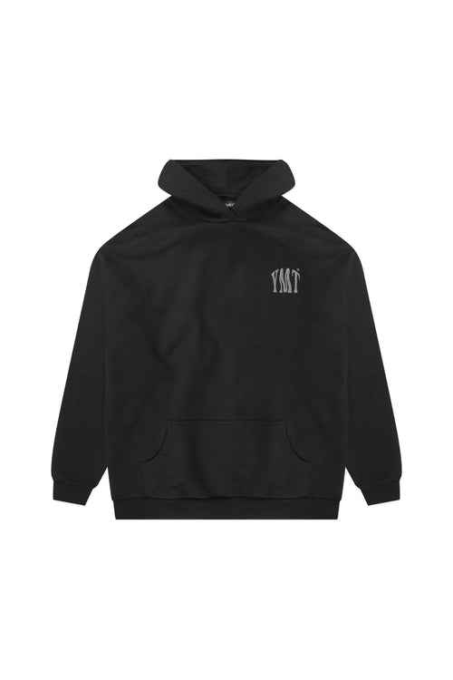 Yemat Force Hoodie Black flat lay front showing full silhouette and YMT chest print, 450 GSM fleece