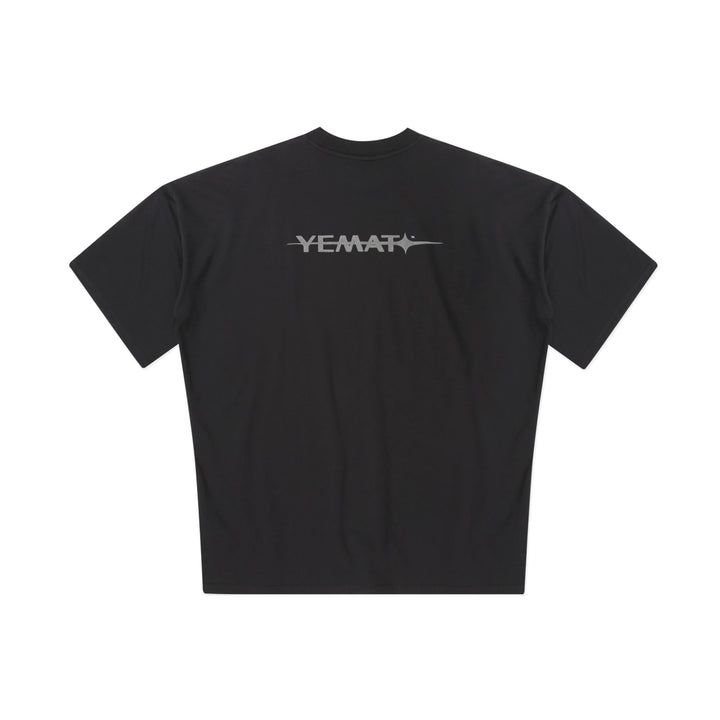 YEMAT Velvet Tee Black flat lay back showing the velvet YEMAT mark across the back, 240 GSM organic cotton