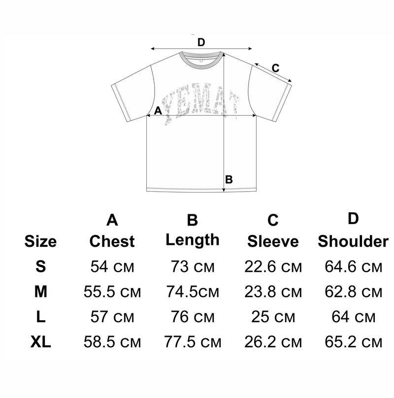 Fracture Tee measurement diagram: A chest, B length, C sleeve, D shoulder