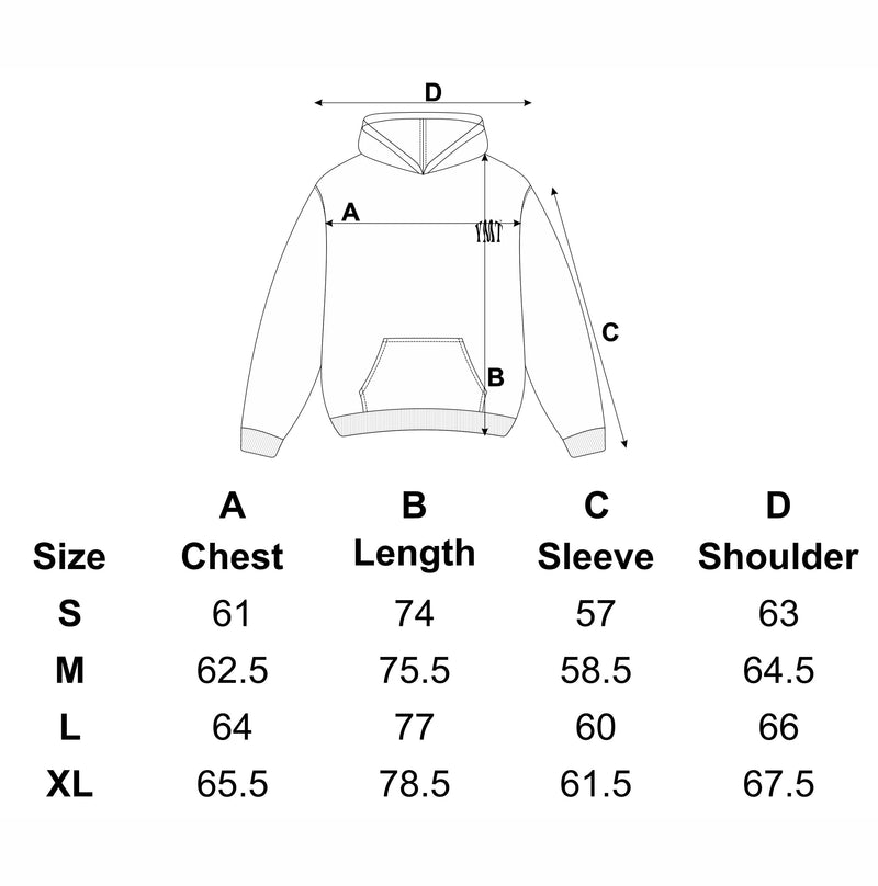 Force Hoodie Beige measurement diagram: A chest, B length, C sleeve, D shoulder