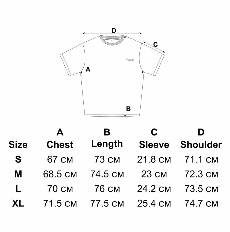 Velvet Tee White measurement diagram: A chest, B length, C sleeve, D shoulder