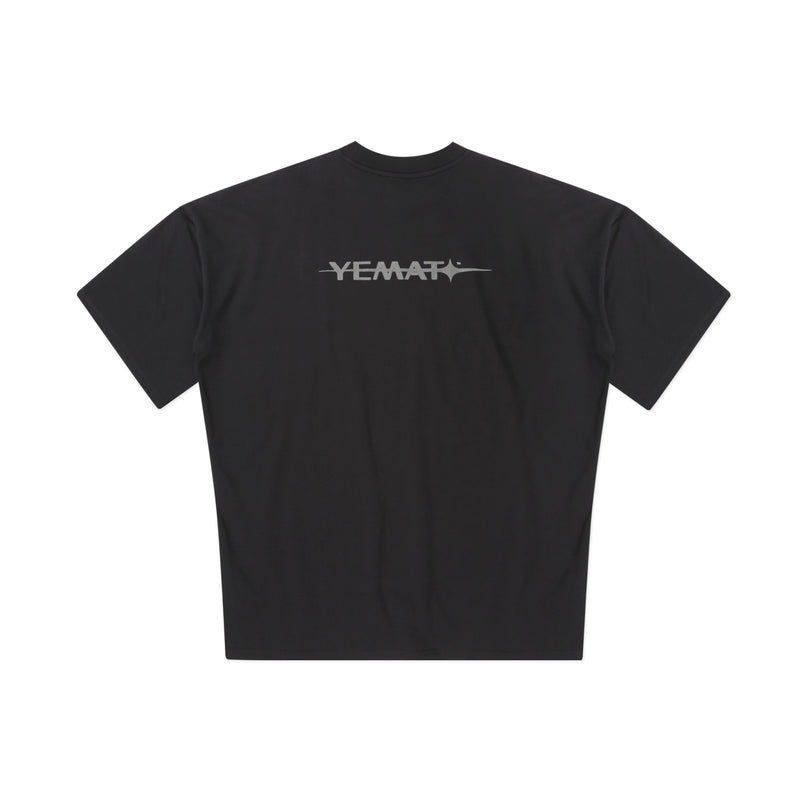 YEMAT Velvet Tee Black — velvet YEMAT mark across the back