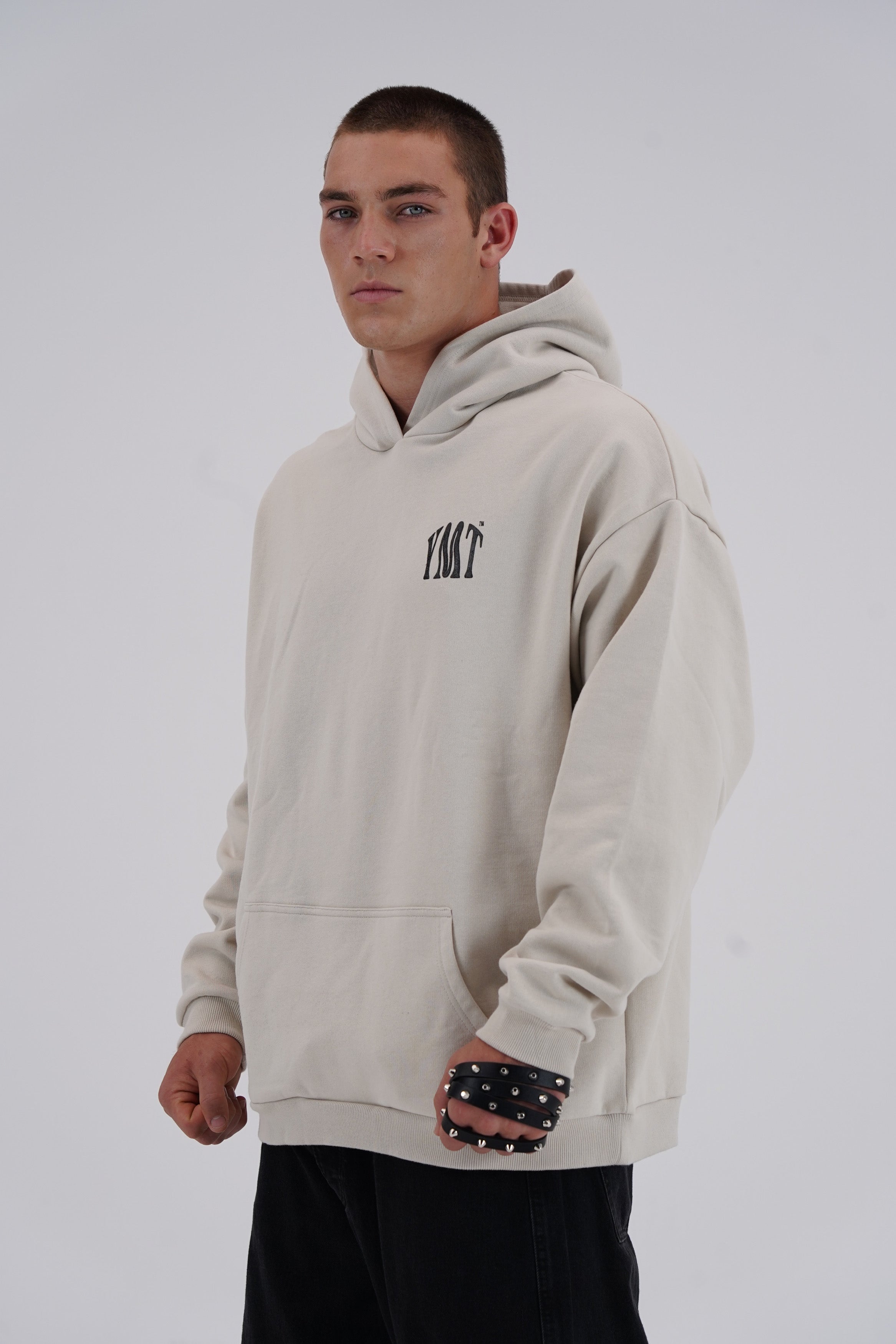 Yemat Force Beige Hoodie front three quarter showing garment volume and drape, oversized 450 GSM fleece