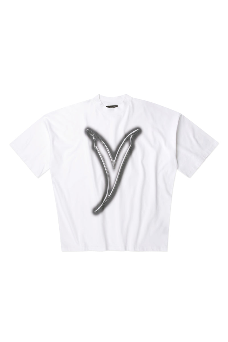 Yemat Airbrush high neck Tee white flat lay front Y airbrush graphic 240 GSM organic cotton luxury streetwear Australia