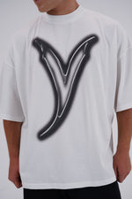 Yemat Airbrush Tee white Y airbrush logo graphic close up detail 240 GSM organic cotton made in Portugal