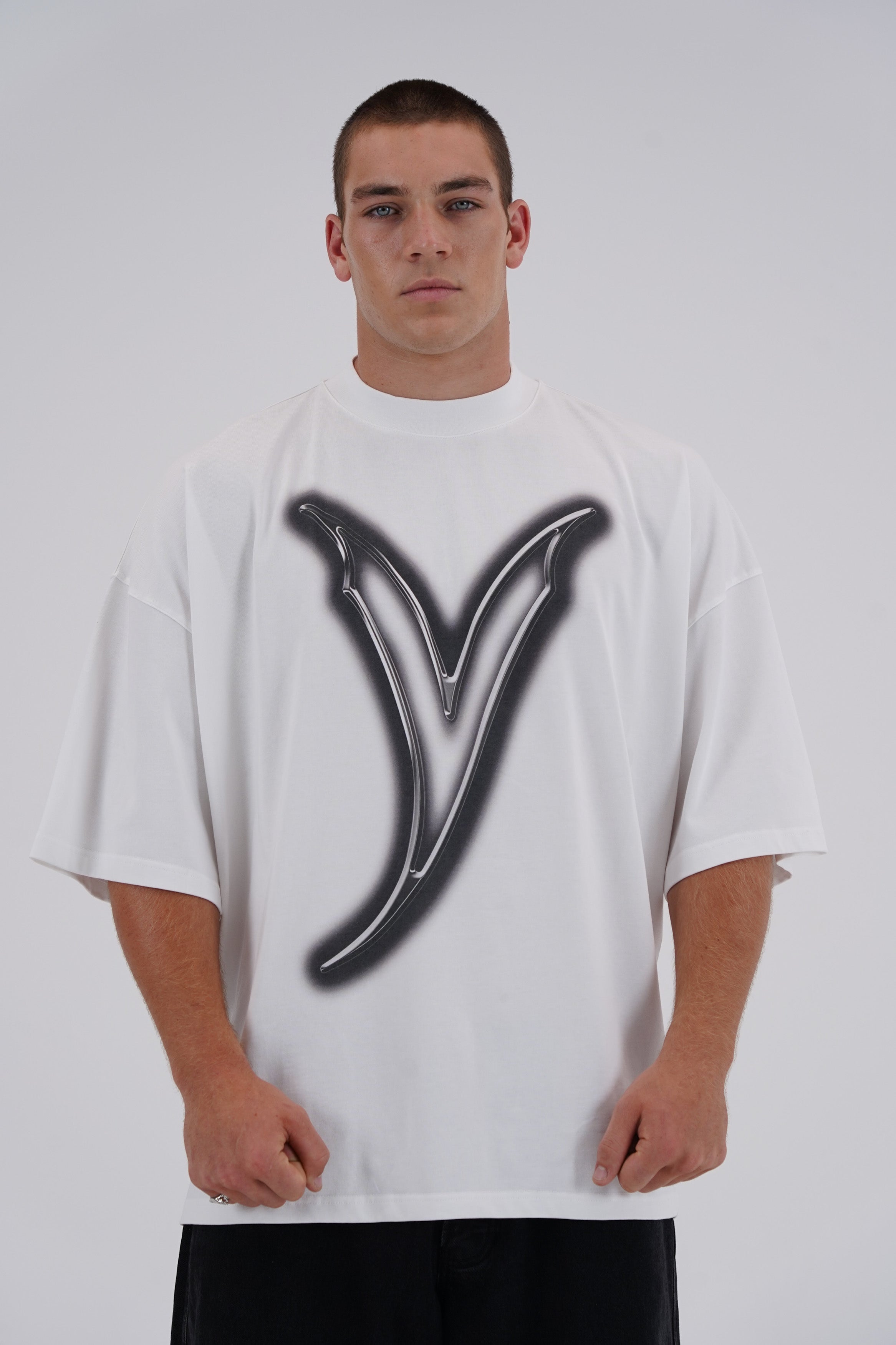 Yemat Airbrush Tee white male front Y airbrush graphic detail 240 GSM organic cotton luxury streetwear
