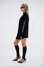 Yemat black long sleeve female side view Yemat sleeve print 240 GSM organic cotton luxury streetwear