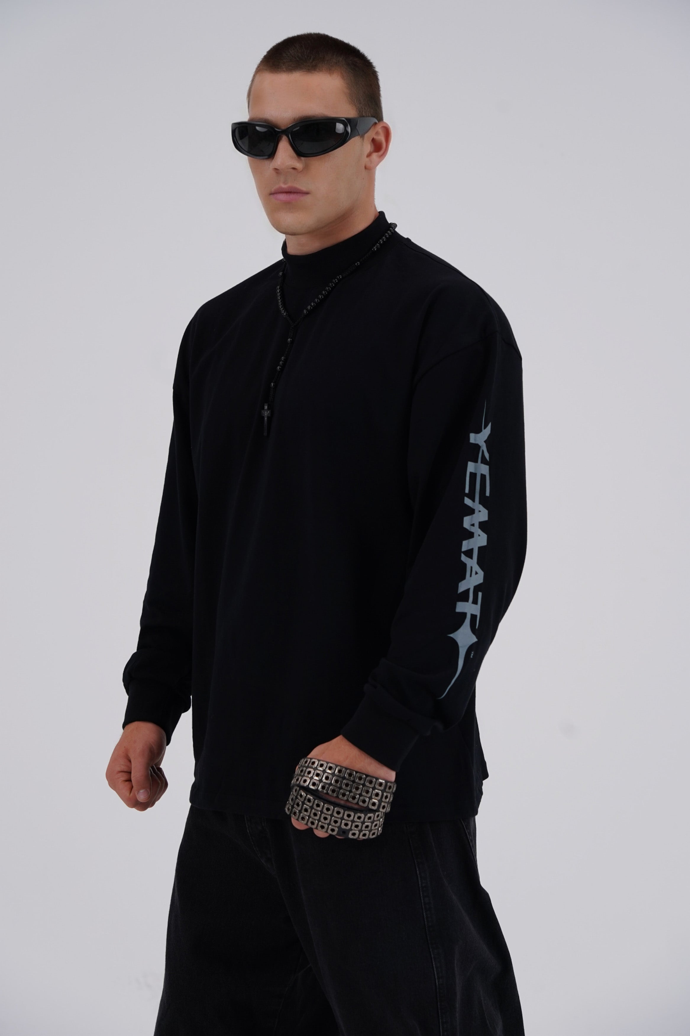 Yemat black long sleeve male front side Yemat sleeve print 240 GSM organic cotton streetwear
