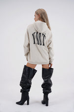 Yemat Force Beige Hoodie female back side view YMT suction print 450 GSM organic cotton