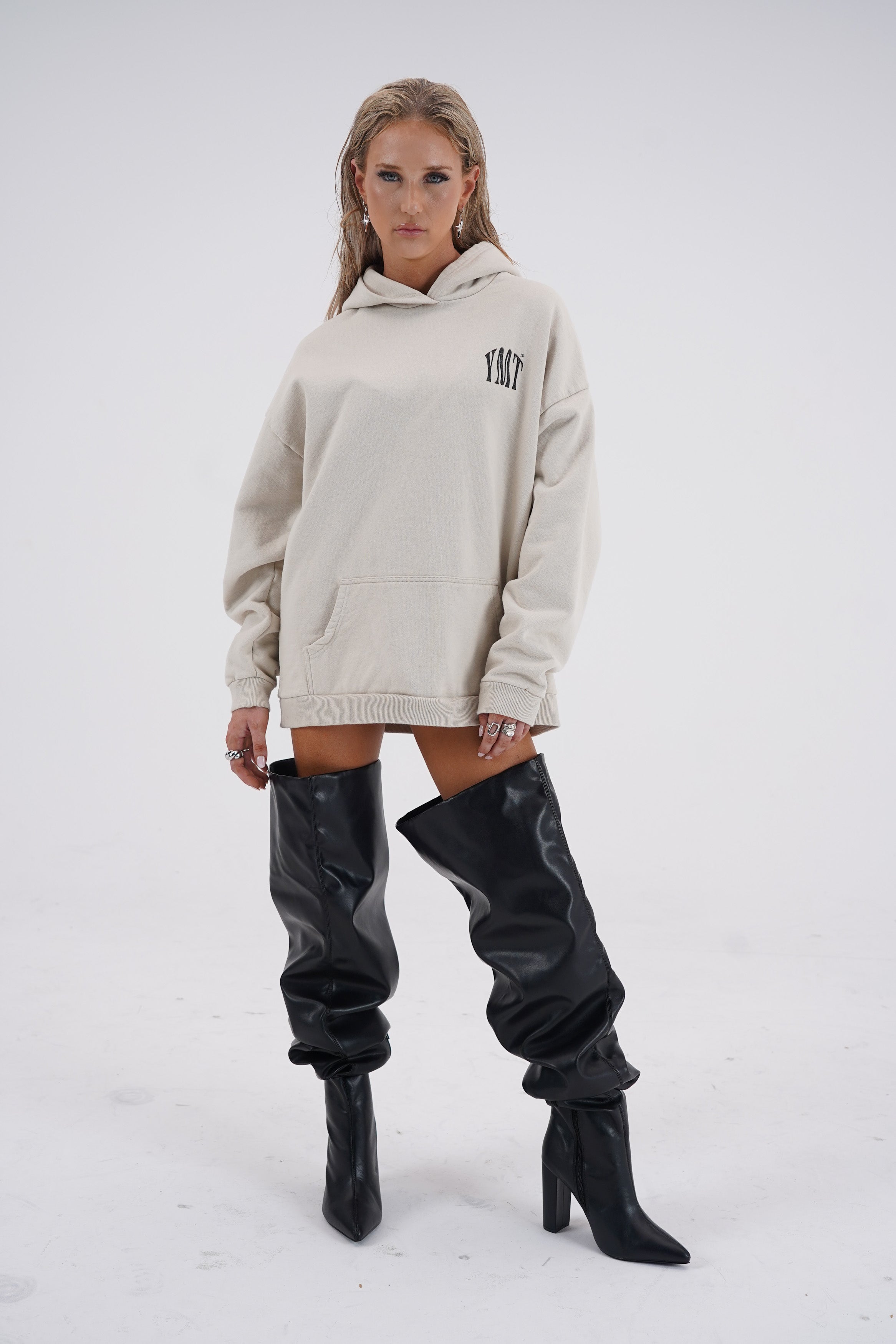 Yemat Force Beige Hoodie female front full view 450 GSM organic cotton luxury streetwear Australia