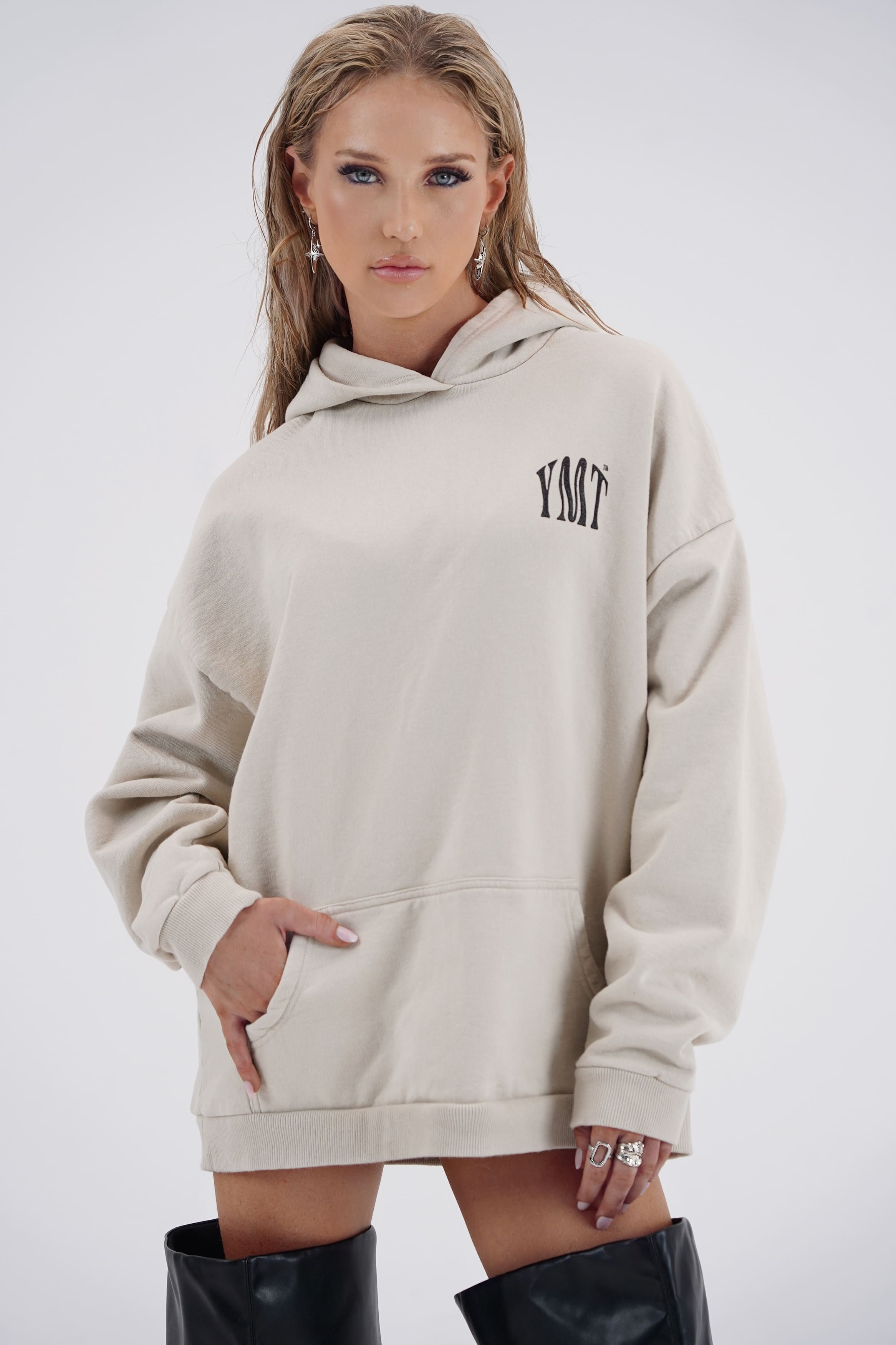Yemat Force Beige Hoodie female front hands in pocket YMT logo organic cotton streetwear
