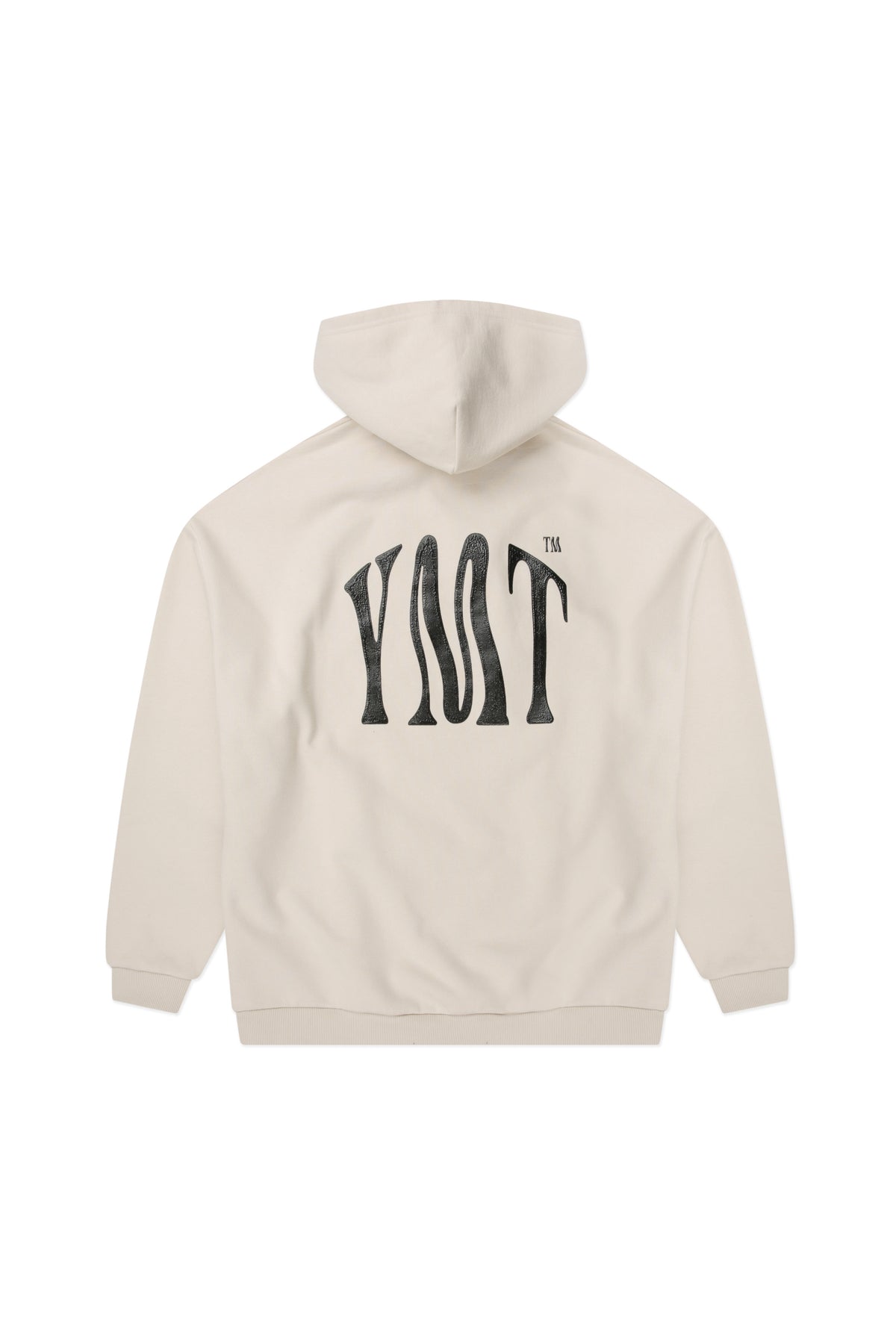 Yemat Force Beige Hoodie flat lay back showing large YMT suction print, heavyweight 450 GSM organic cotton