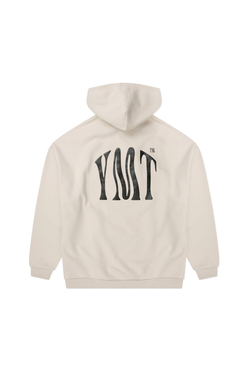 Yemat Force Beige Hoodie flat lay back showing large YMT suction print, heavyweight 450 GSM organic cotton