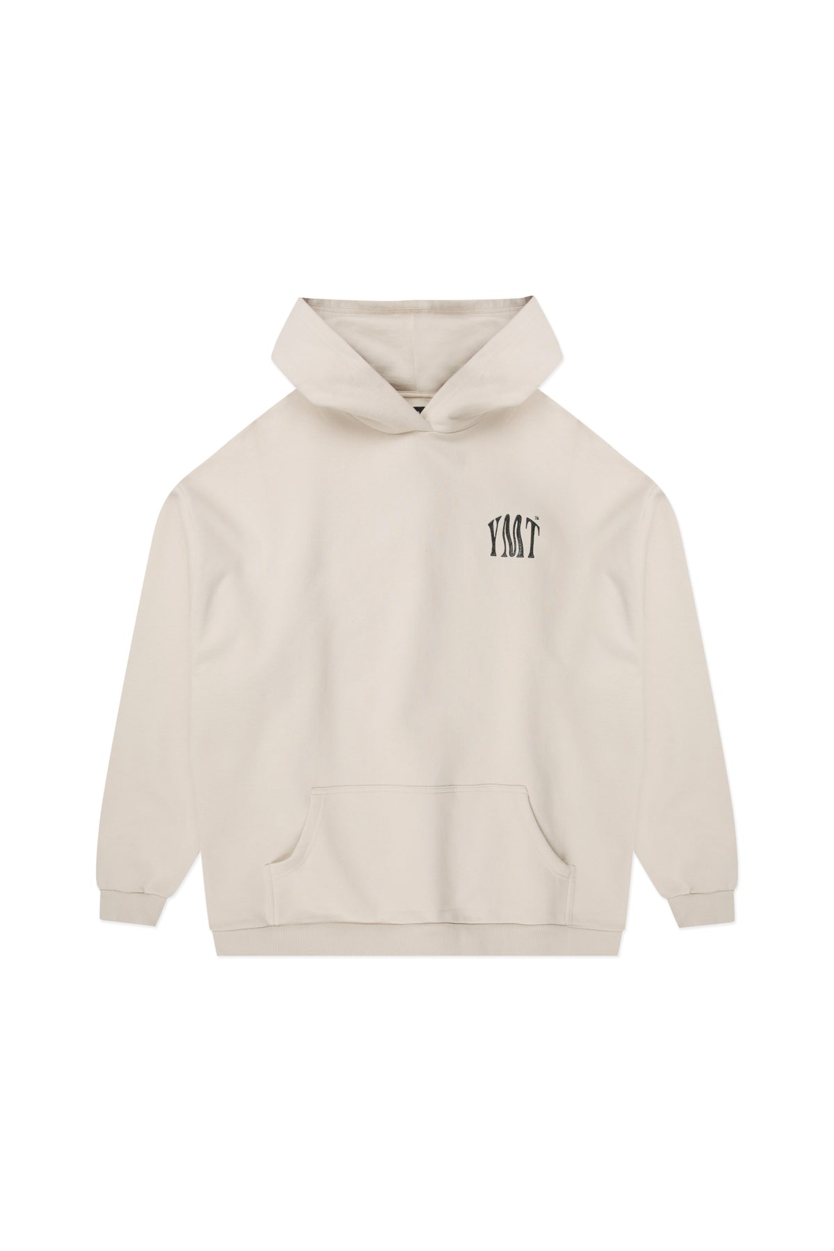 Yemat Force Beige Hoodie flat lay front showing full silhouette and YMT chest print, 450 GSM fleece