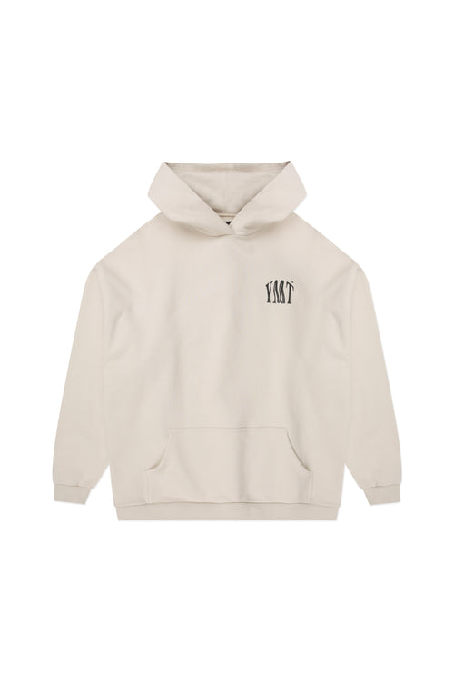 Yemat Force Beige Hoodie flat lay front showing full silhouette and YMT chest print, 450 GSM fleece