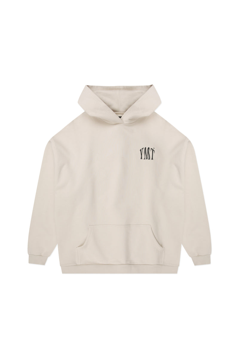 Yemat Force Beige Hoodie flat lay front showing full silhouette and YMT chest print, 450 GSM fleece