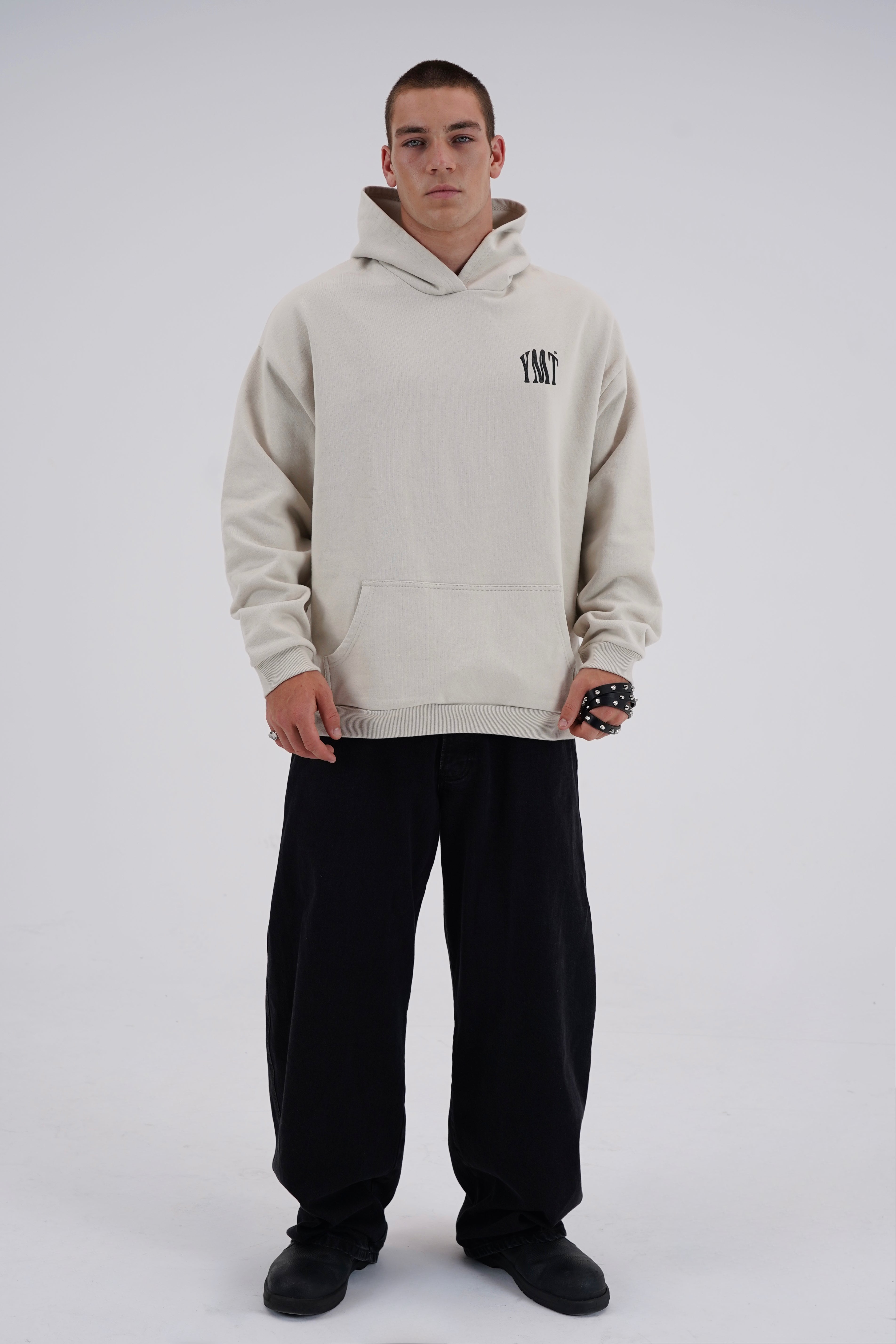 YEMAT Force Hoodie Beige on Max — full front