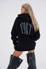 Yemat Force Black Hoodie female back side view YMT logo organic cotton made in Portugal