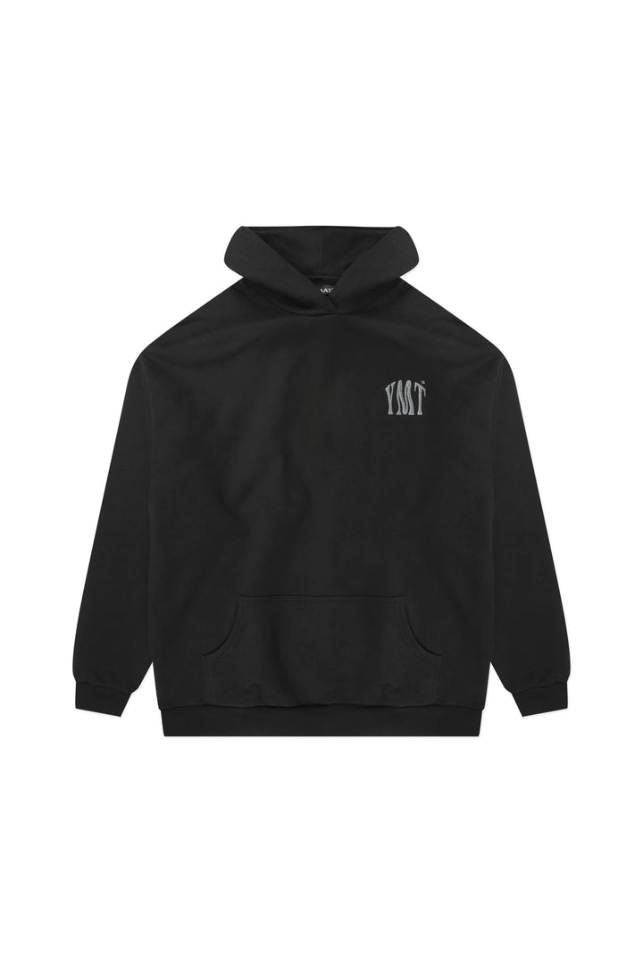 Yemat Force Hoodie Black flat lay front showing full silhouette and YMT chest print, 450 GSM fleece