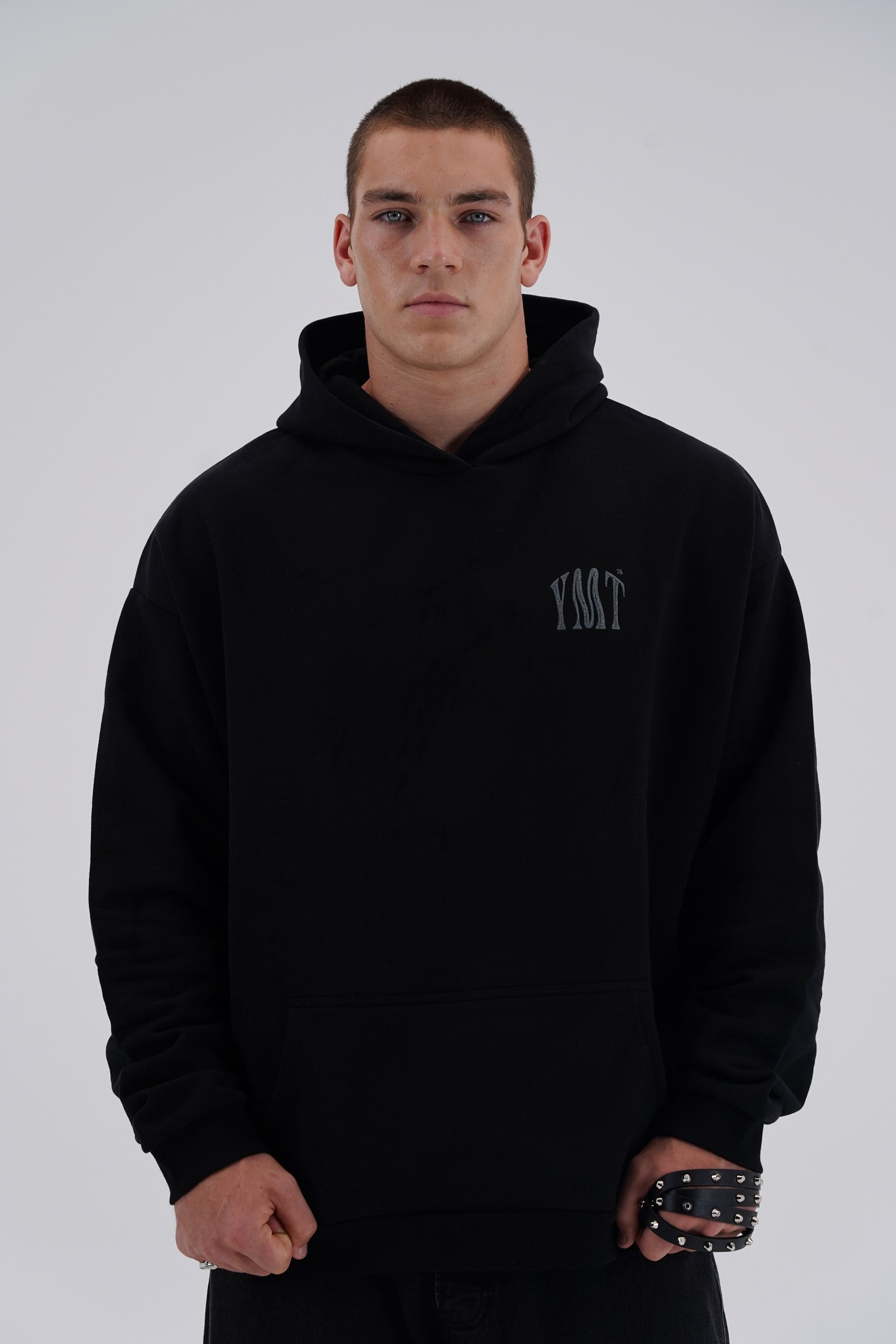 Yemat Force Black Hoodie male front view YMT logo 450 GSM organic cotton luxury streetwear Australia