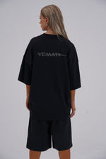 Yemat Velvet Icon Black Tee female back view Yemat velvet print 240 GSM organic cotton streetwear Australia