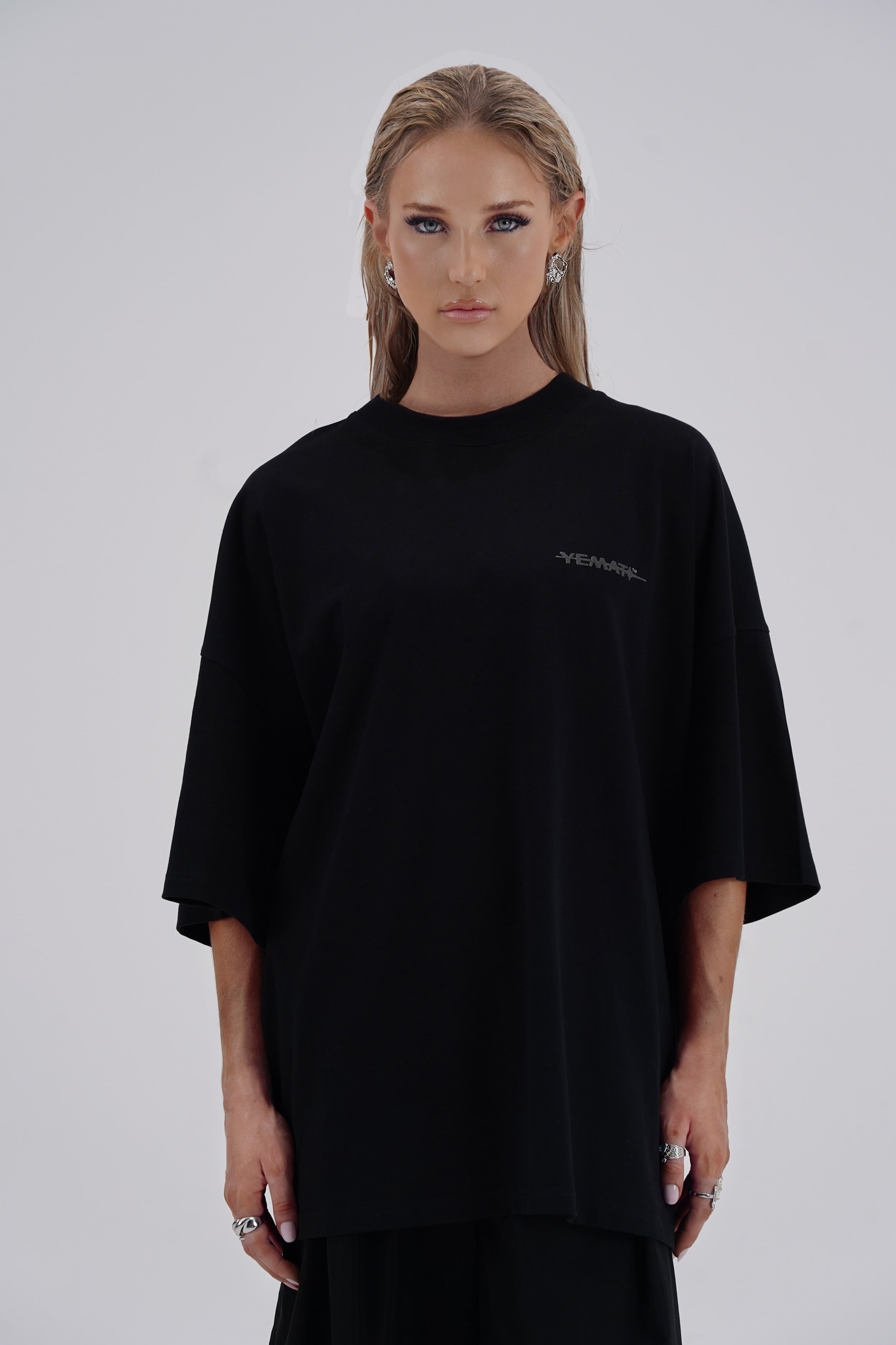 Yemat Velvet Icon Black Tee female front view velvet logo 240 GSM organic cotton luxury streetwear