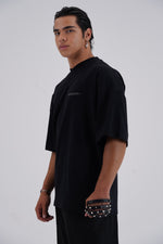 Yemat Velvet Icon Black Tee male back side view Yemat velvet print organic cotton streetwear