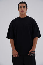 Yemat Velvet Icon Black Tee male front close velvet logo 240 GSM organic cotton luxury streetwear