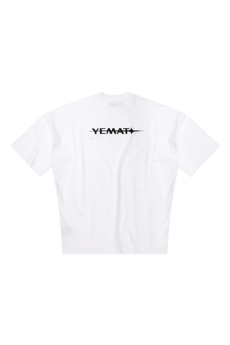 Yemat Velvet Icon White Tee flat lay back velvet logo detail 240 GSM organic cotton made in Portugal