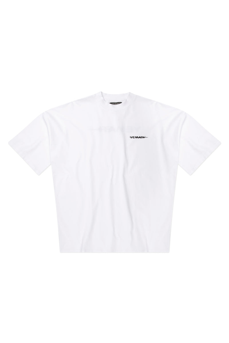 Yemat Velvet Icon White Tee flat lay front velvet logo 240 GSM organic cotton luxury streetwear