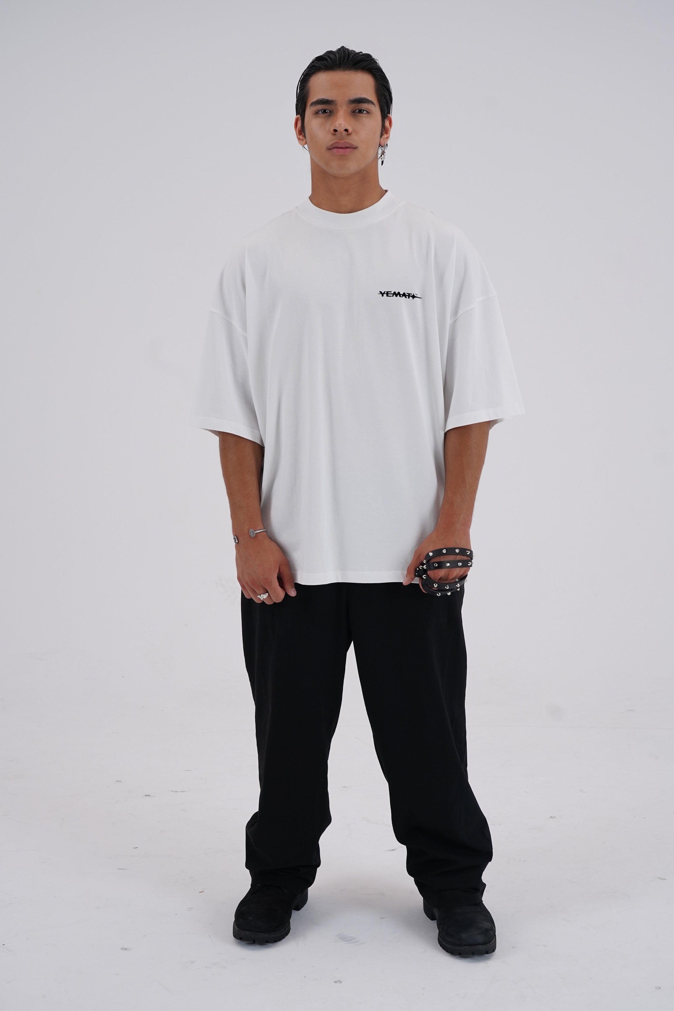 Yemat Velvet Icon White Tee male front close velvet logo detail 240 GSM organic cotton streetwear